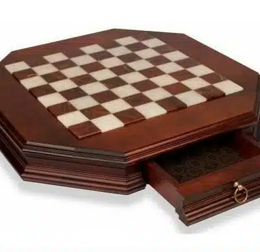 Octagonal solid wood chess board with open storage drawer