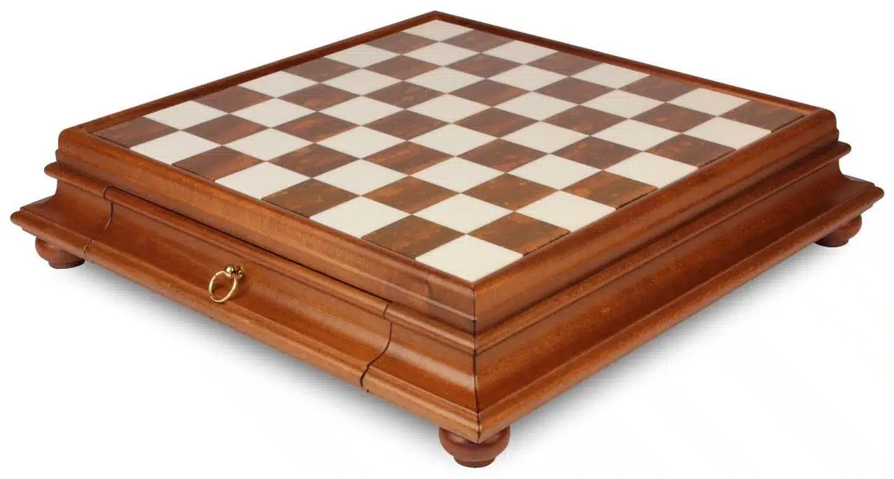 "Large Oriental" Set: Solid Wood Chess Board on Stand with Tuscan Alabaster Top and Storage Drawer & Gold and Silver-Plated Wood and Brass Chess Pieces - Image 3