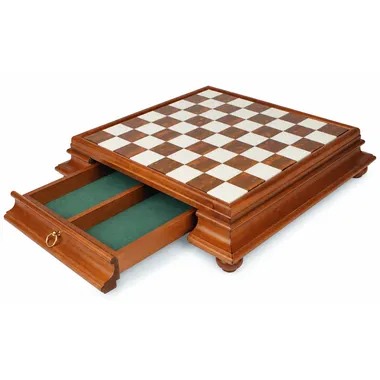 Chess board in solid wood, open storage drawer lined with green felt