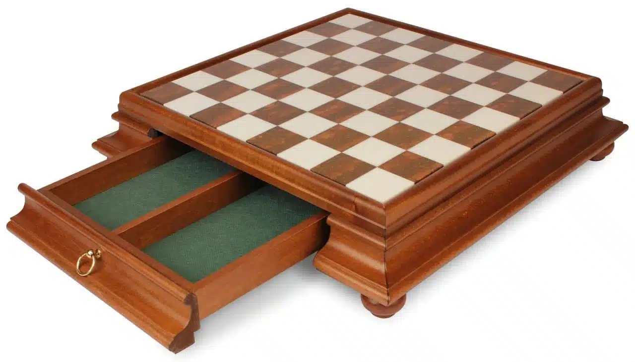 "Large Oriental" Set: Solid Wood Chess Board on Stand with Tuscan Alabaster Top and Storage Drawer & Gold and Silver-Plated Wood and Brass Chess Pieces - Image 4