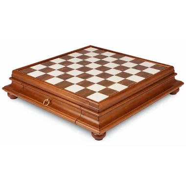 Chess board in solid wood with alabaster top, overall view on turned feet