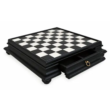 Black and white pedestal chess board with open storage drawer