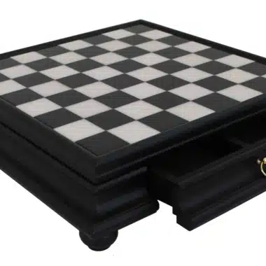 Black and White Solid Wood Pedestal Chess Board with Tuscan Alabaster Top and Storage Drawer