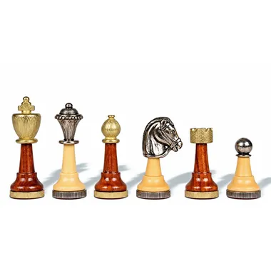Classic II chess pieces lined up, wood finish with gold and silver metal details