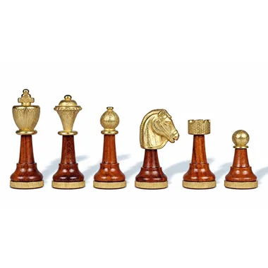 Classic II chess set, wood and gold metal pieces shown from the front