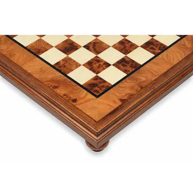 Chess board on stand in briar and elm wood, close-up of a corner and turned foot