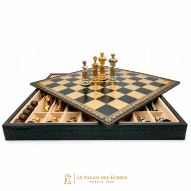 Open storage box with chess board and Roman pieces placed on top