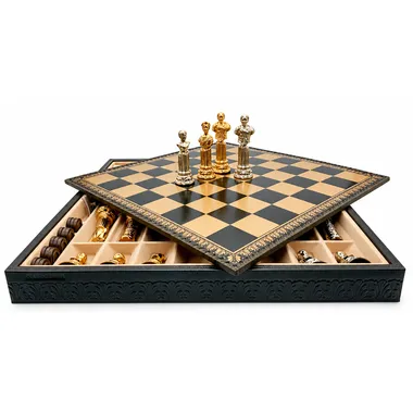 Open storage box with chess board and Roman pieces placed on top