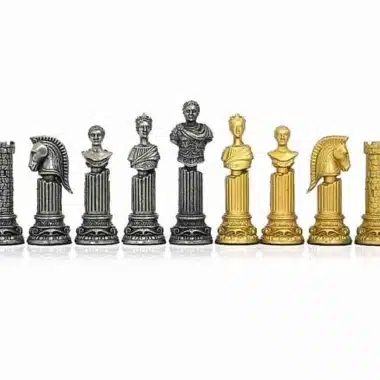 "Roman Empire" Set Chess Board in Metal and Wood & Chess Set in Solid Metal