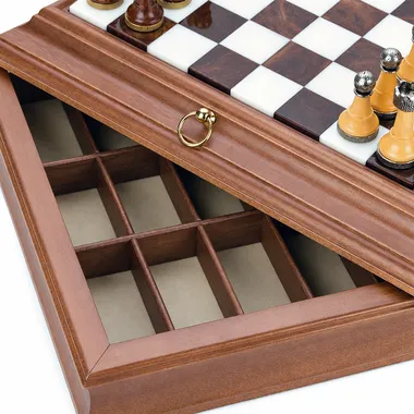 Open chess board showing the pieces and felt-lined storage compartments