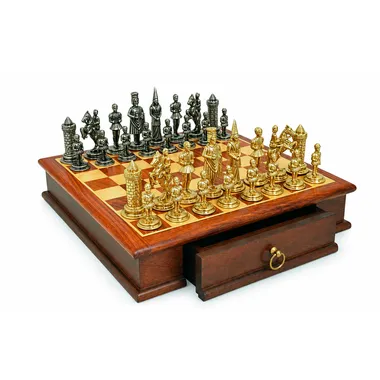 Camelot King Arthur I chess set resting on its wooden box with drawer