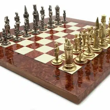 Camelot King Arthur VI Chess Set with Elm and Burr Wood Chess Board and Metal Chess Pieces