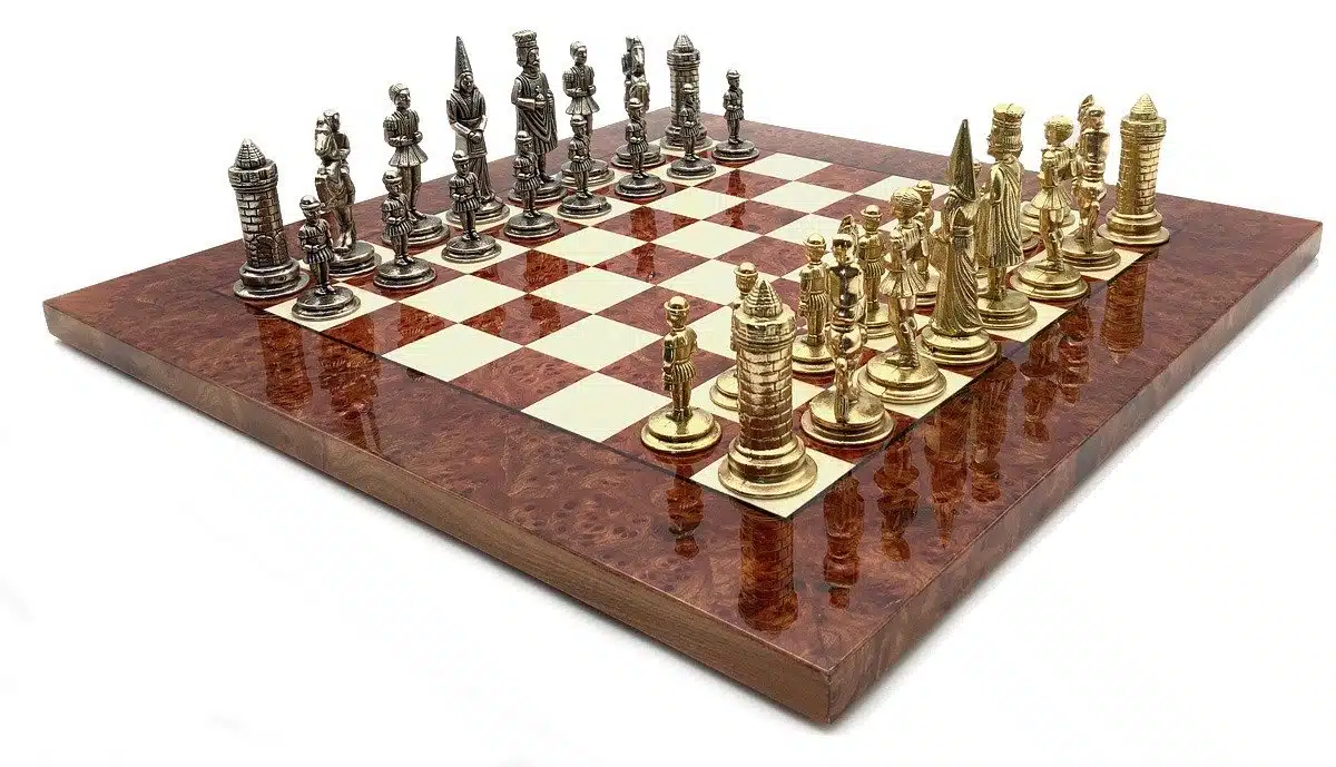 Camelot King Arthur VI Chess Set with Elm and Burr Wood Chess Board and Metal Chess Pieces