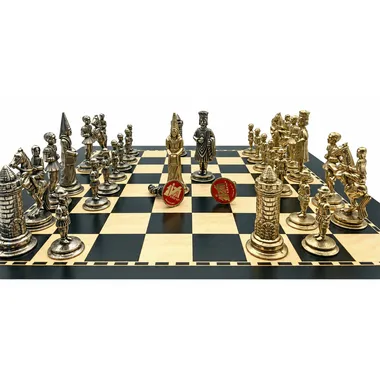 Camelot King Arthur XI pieces facing off, red medallions in foreground