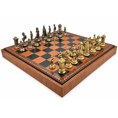Mary Stuart VII set, marquetry chess board with gold and silver metal pieces