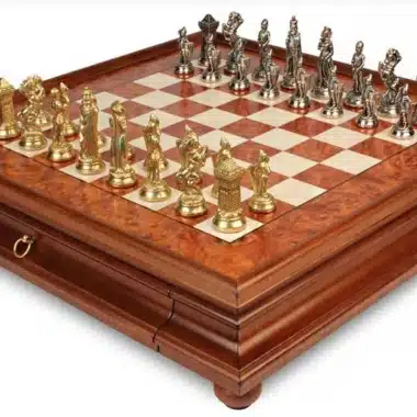 Mary Stuart IX Chess Set with Briar and Elm Wood Pedestal Chess Board and Metal Chess Pieces