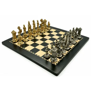Mary Stuart X complete chess set on dark wood board, overall view