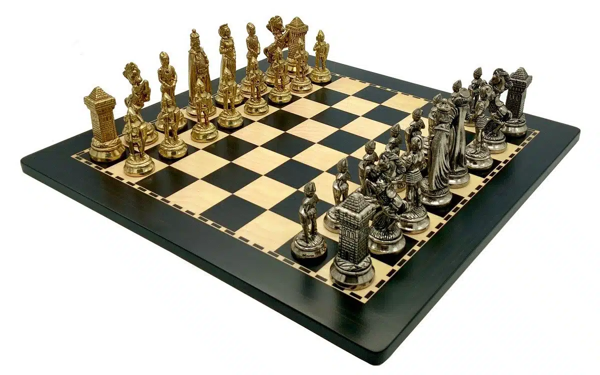 Mary Stuart X Set Dark Wood Chess Board and Metal Chess Set