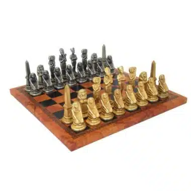 Ensemble "Egyptien" Echiquier en Similicuir & Jeu d'Echecs en Métal Massif