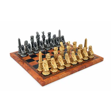 Complete Egyptian chess set with faux-leather board and solid metal pieces
