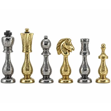 Row of gold and silver pieces, king, bishop, knight and rook side by side