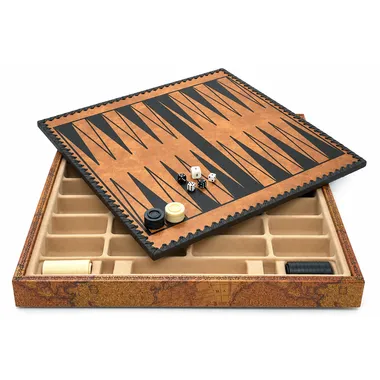 Ancien Monde backgammon board with checkers, dice and storage compartments