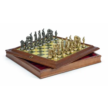 Wooden chess board open revealing the red felt-lined storage compartment