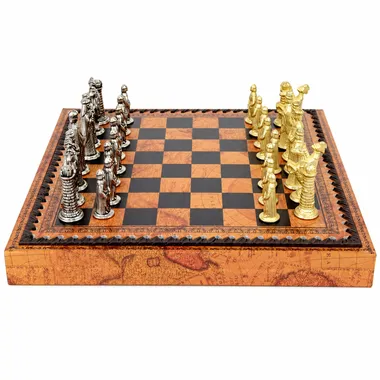 Complete medieval chess set with faux leather board and solid metal pieces
