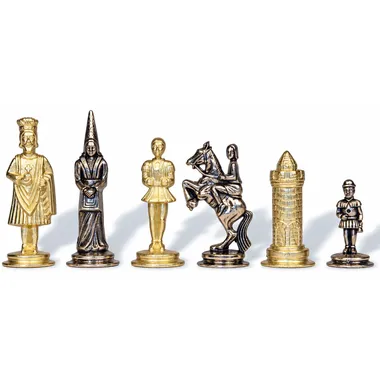 Camelot chess pieces in gold and silver, detailed pawn and knight