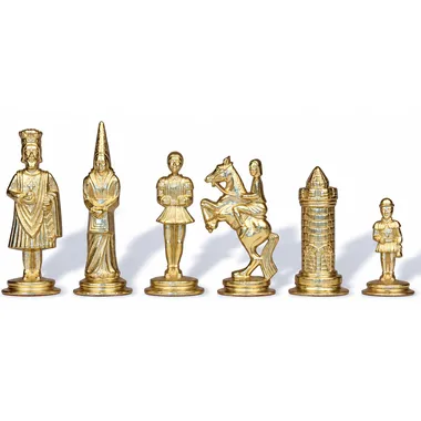 Camelot chess pieces in gold, soldier and knight with rider in detail