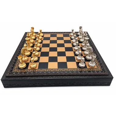 Complete Mignon Flower V chess set, gold and silver pieces on an engraved board