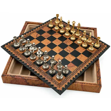 Complete chess set with storage board and gold and silver-plated pieces