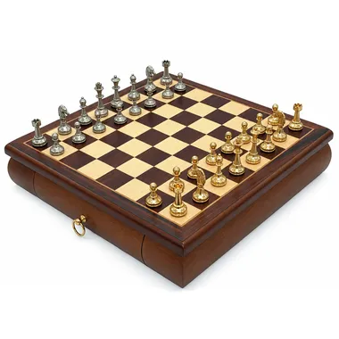 Complete Mignon Flower VII chess set with maple and mahogany board and case