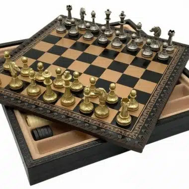 Alternative view of Mignon Flower IX Set – Black Chess Board with Storage and Metal Chess Set