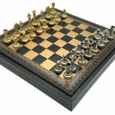 Mignon Flower IX Set – Black Chess Board with Storage and Metal Chess Set