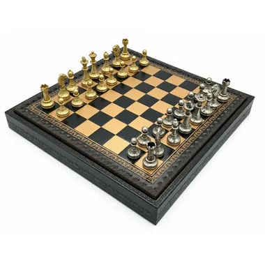 Complete Mignon Flower IX chess set with black board and gold and silver metal pieces
