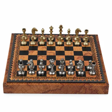 Complete Mignon Flower chess set, faux leather board with gold and silver metal pieces