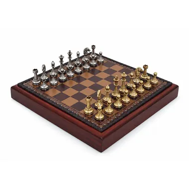 Complete Mignon Flower VIII chess set with red board and gold and silver metal pieces