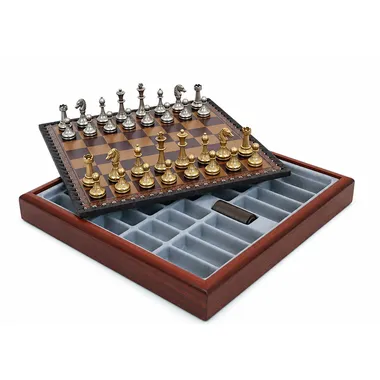Open box showing the red chess board and internal storage for the pieces