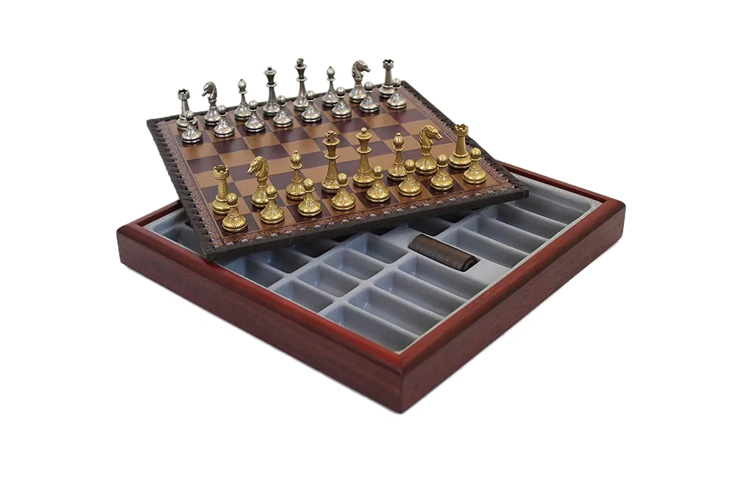 Mignon Flower VIII Set: Red Chess Board with Storage and Metal Chess Set - Image 2