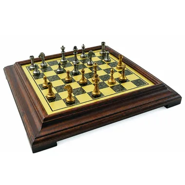 "Mignon Flower III" Set Chess Board on Stand in Solid Wood with Brass Effect and Chess Set in Solid Metal