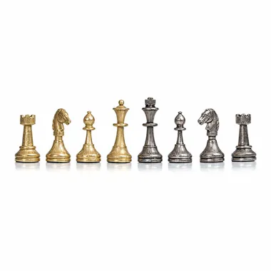 Mignon Flower metal chess set, gold and silver pieces lined up