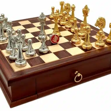 Classic Flower 3 Chess Board with Wooden Storage Drawer and Gold and Silver-Plated Metal Chess Pieces