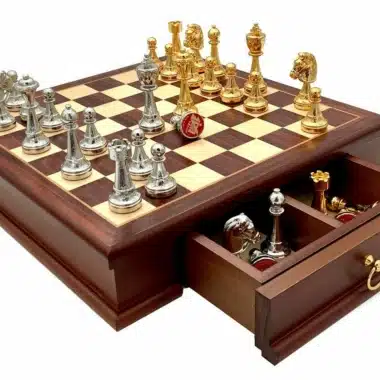 Alternative view of Classic Flower 3 Chess Board with Wooden Storage Drawer and Gold and Silver-Plated Metal Chess Pieces