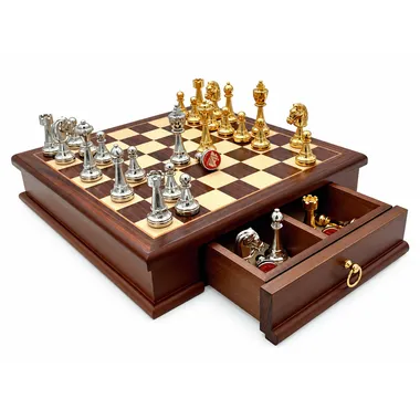 Classic Flower 3 chess board with open wooden drawer showing the pieces
