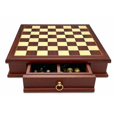 Mahogany and maple chess board with open drawer showing the pieces