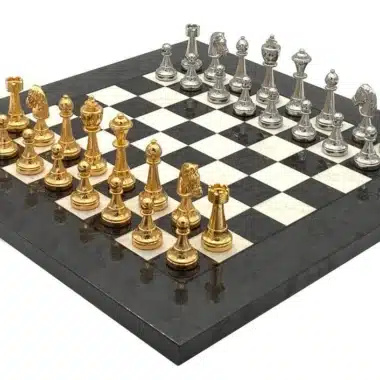 Classic Flower 4 Chess Set – Maple and Burr Wood Chess Board with Gold and Silver-Plated Metal Chess Pieces