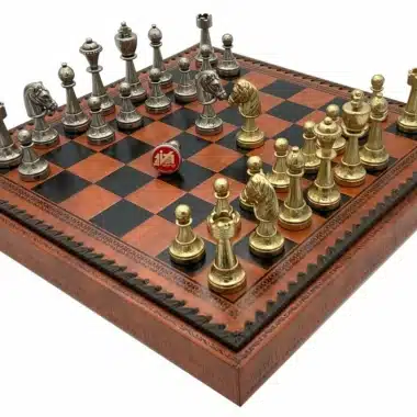 Staunton Mix Chess Set with Faux Leather Board with Built-in Storage & Solid Metal Chess Pieces