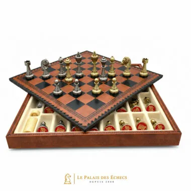 Faux leather board open showing the built-in storage compartment with pieces