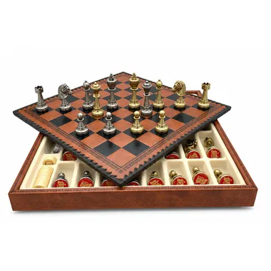 Faux leather board open showing the built-in storage compartment with pieces